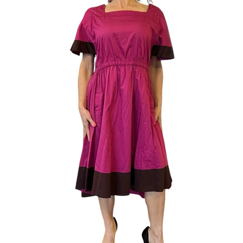 SONIA RYKIEL PURPLE COTTON DRESS FIT FLARE SHORT SLEEVE COLOR BLOCK MIDI 38 6